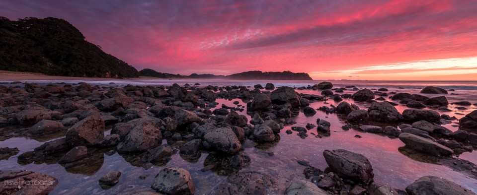 Neuseeland, Coromandel, Hot Water Beach, Sonnenaufgang, Rot, Morgenrot, Strand