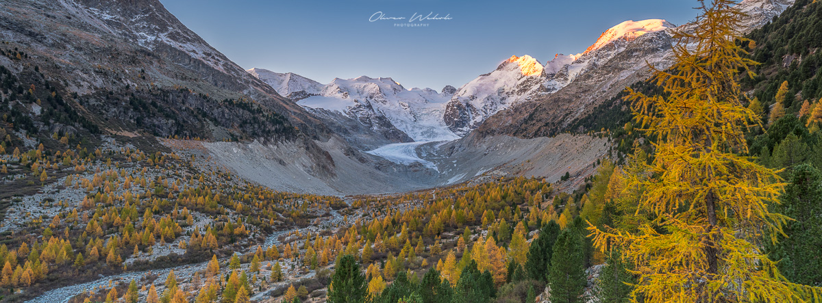 Morteratsch, Gletscherbach, Herbst, Lärchen, Indian Summer, Engadin, Oberengadin, Sonnenaufgang, Herbststimmung Engadin, Landschaftsfoto Schweiz, Landschaftsfotografie Schweiz, Landschaftsfoto Herbst Schweiz, Fujifilm GFX Landscape. GFX Landscape Photography, Fujifilm, Sonnenaufgang Engadin, Landschaftsfotograf, Landschaft Herbst
