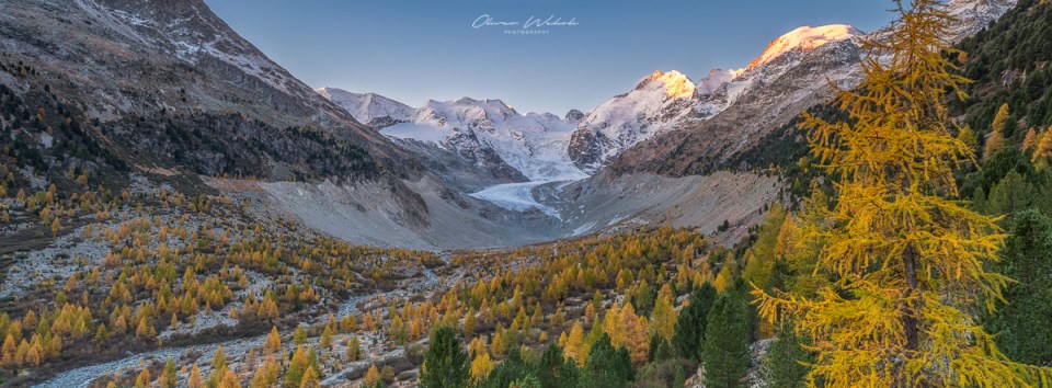 Morteratsch, Gletscherbach, Herbst, Lärchen, Indian Summer, Engadin, Oberengadin, Sonnenaufgang, Herbststimmung Engadin, Landschaftsfoto Schweiz, Landschaftsfotografie Schweiz, Landschaftsfoto Herbst Schweiz, Fujifilm GFX Landscape. GFX Landscape Photography, Fujifilm, Sonnenaufgang Engadin, Landschaftsfotograf, Landschaft Herbst