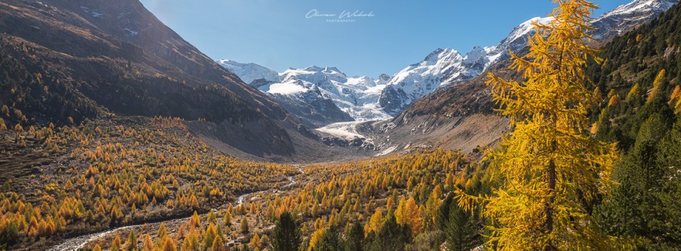Morteratsch, Gletscherbach, Herbst, Lärchen, Indian Summer, Engadin, Oberengadin, Sonnenaufgang, Herbststimmung Engadin, Landschaftsfoto Schweiz, Landschaftsfotografie Schweiz, Landschaftsfoto Herbst Schweiz, Fujifilm GFX Landscape. GFX Landscape Photography, Fujifilm Engadin, Landschaftsfotograf, Landschaft Herbst
